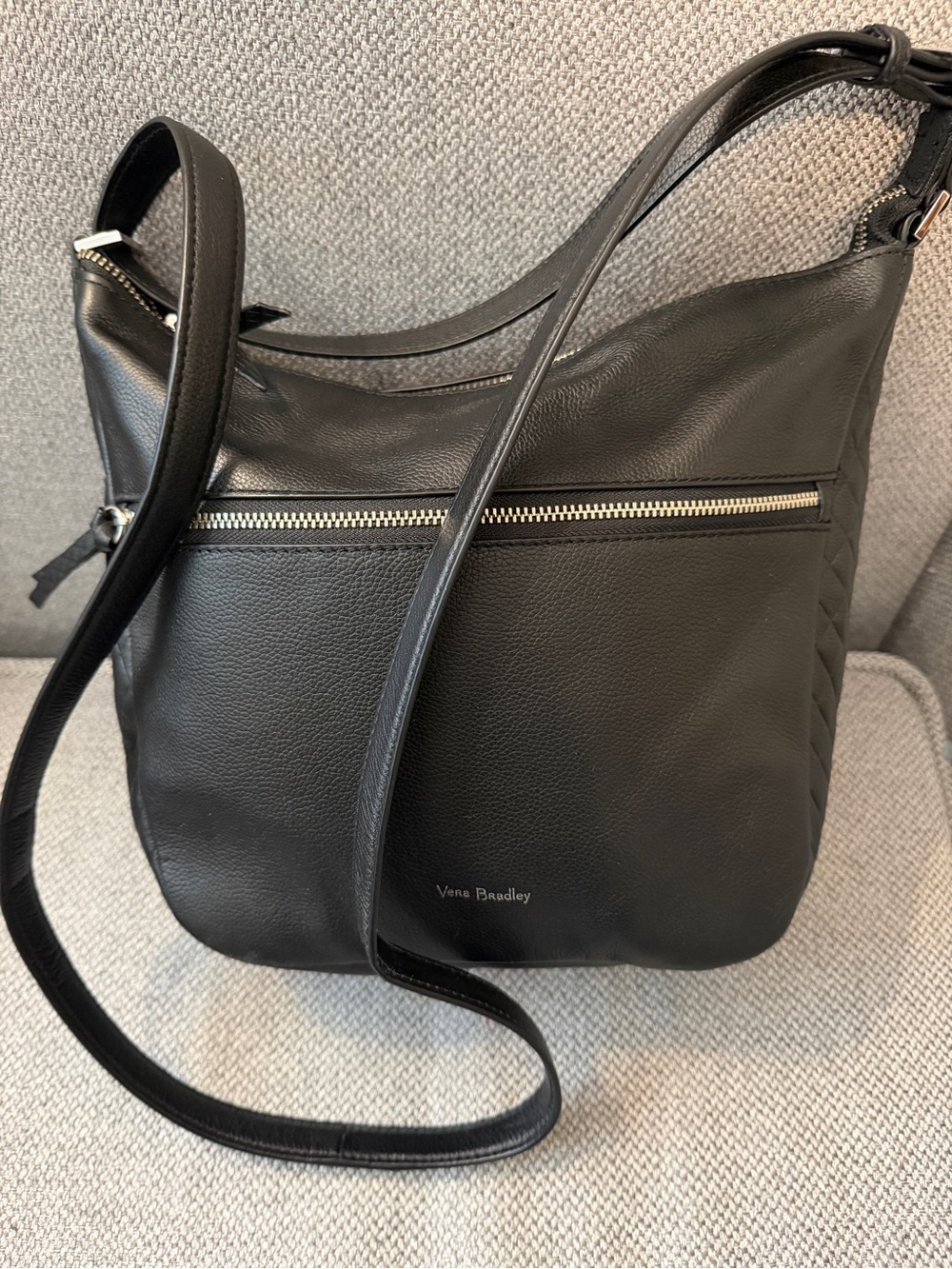 Vera Bradley Black Leather hobo Bag with Front Zip, shoulder and hand strap